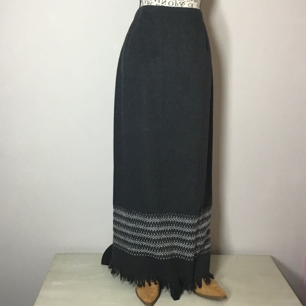 Wool blend blanket maxi skirt dark grey geometric southwestern waist 30”-31” 10